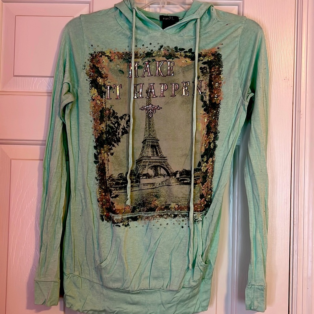 Mint green hooded pullover sweater shirt.
